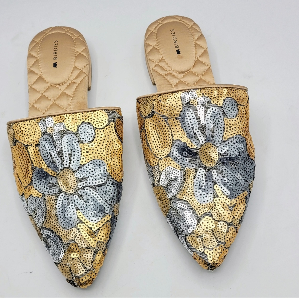 Birdies The Dove In Petal Gold and Silver Sequin Pointed Toe Mules Size 7.5 - Picture 6 of 16